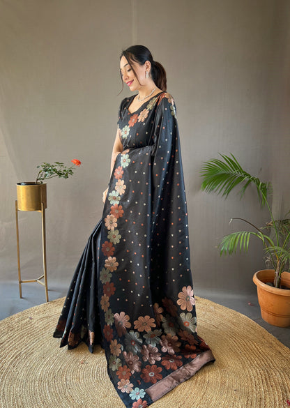 Black Pure Soft Silk Weaving Jacquard Jari Ethnic Saree