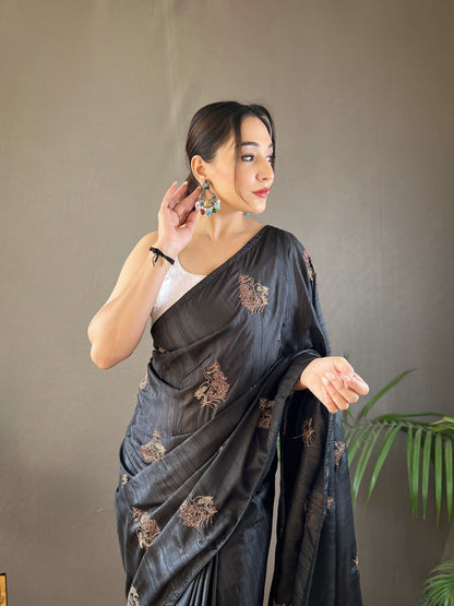 Gorgeous Black Color Embroidered Soft Silk Saree