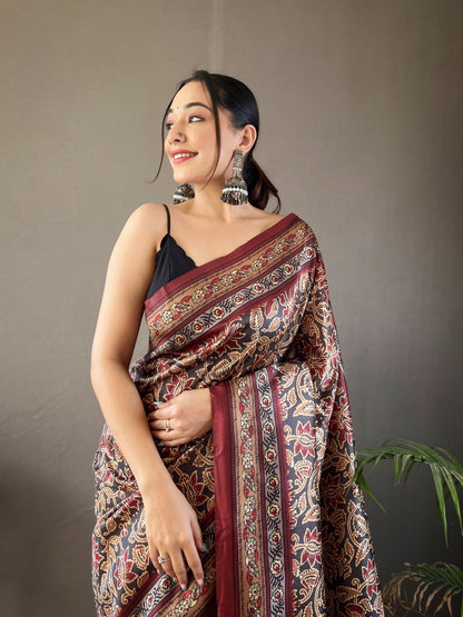 Black Digital Printed Silk Weaves Saree