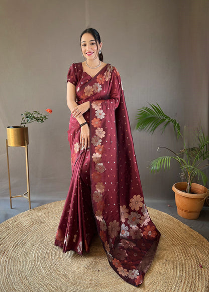 Brown Pure Soft Silk Weaving Jacquard Jari Ethnic Saree