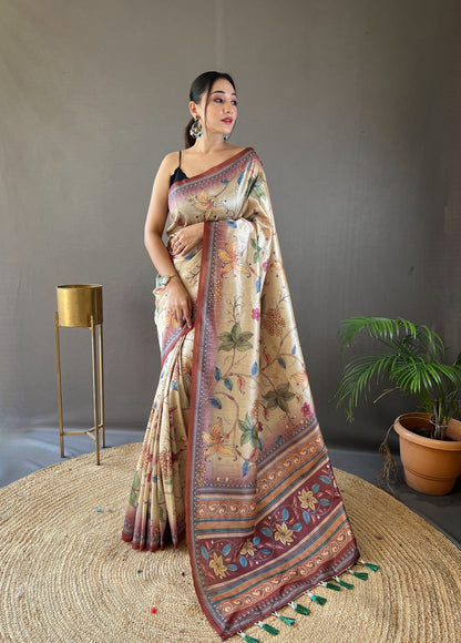 Brown Printed Digital Kalamkari Saree