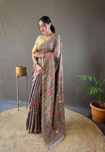 Brown Color Tussar Silk Saree with Floral Embroidery Jaal Work Saree