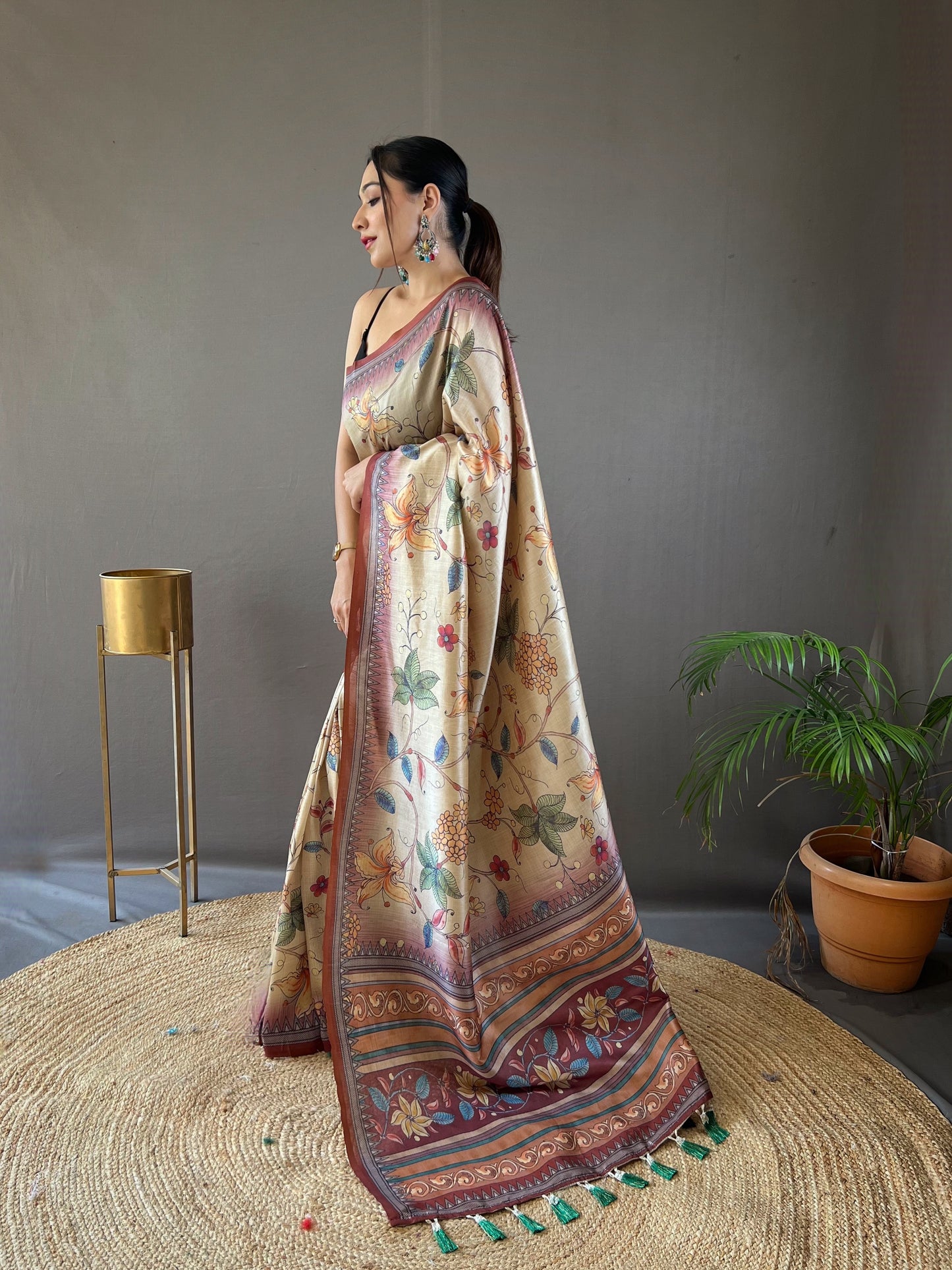 Brown Printed Digital Kalamkari Saree