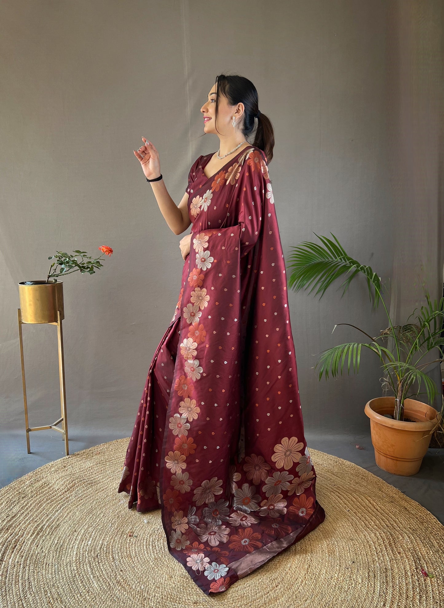 Brown Pure Soft Silk Weaving Jacquard Jari Ethnic Saree