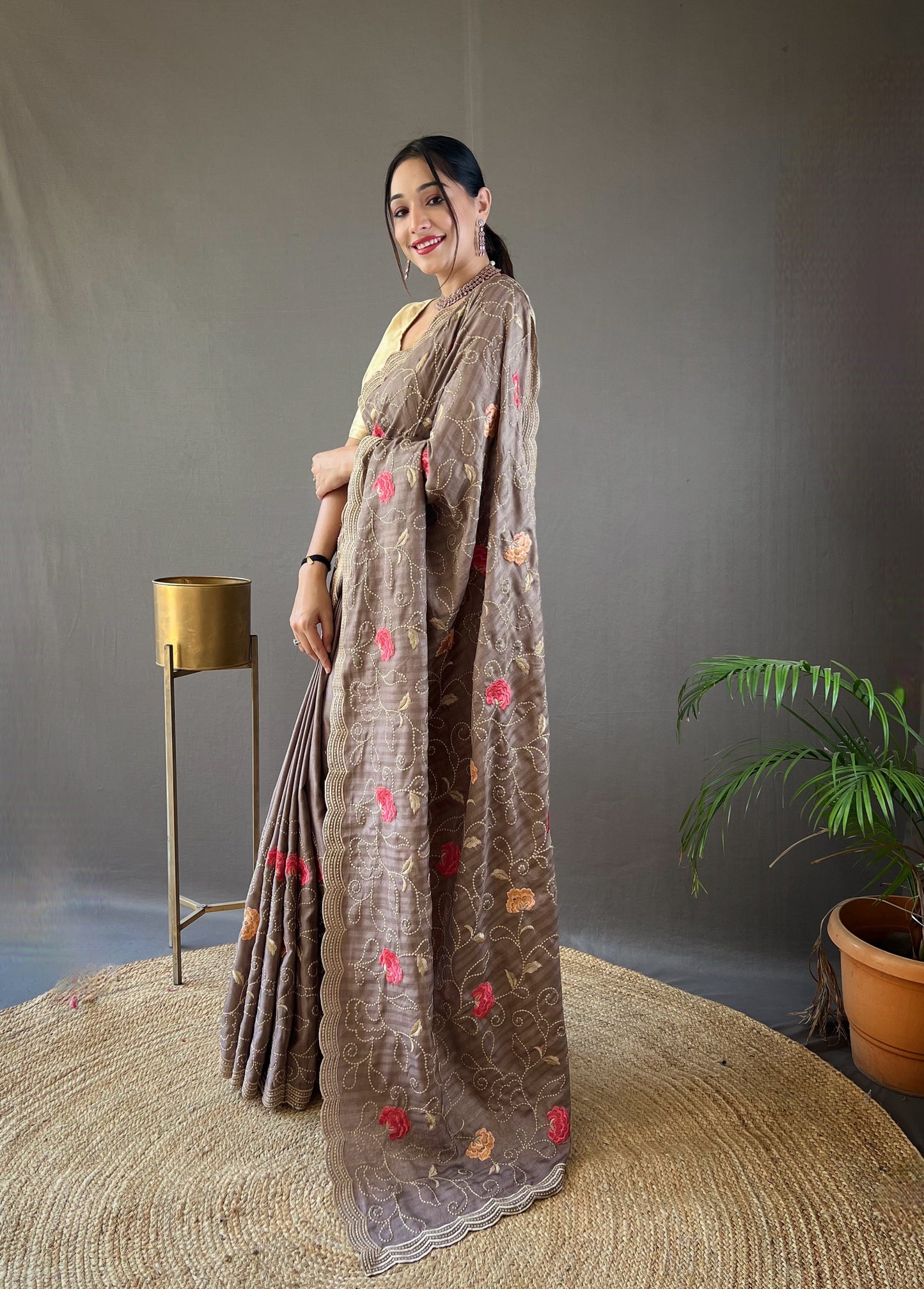 Brown Color Tussar Silk Saree with Floral Embroidery Jaal Work Saree