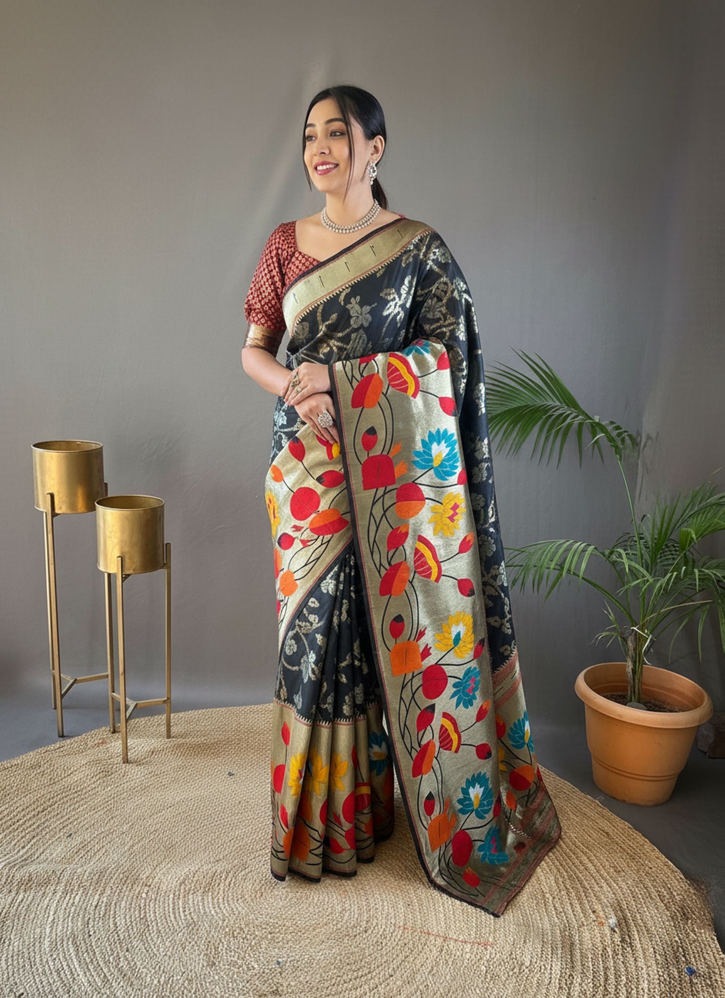 Classic Black Pure Soft Silk Woven Paithani Saree With Colorful Floral Jaal & Silver Gold Border