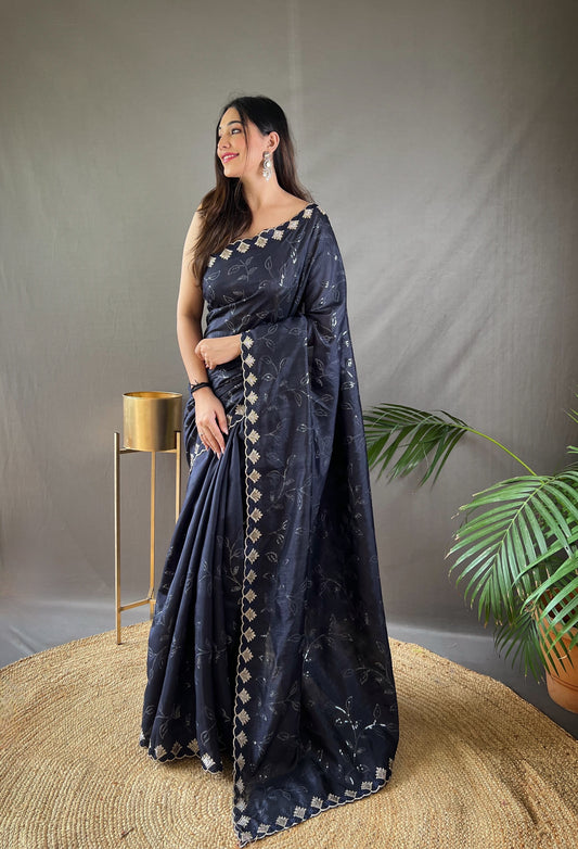 Black Color Floral Embroidered Silk Blend Saree