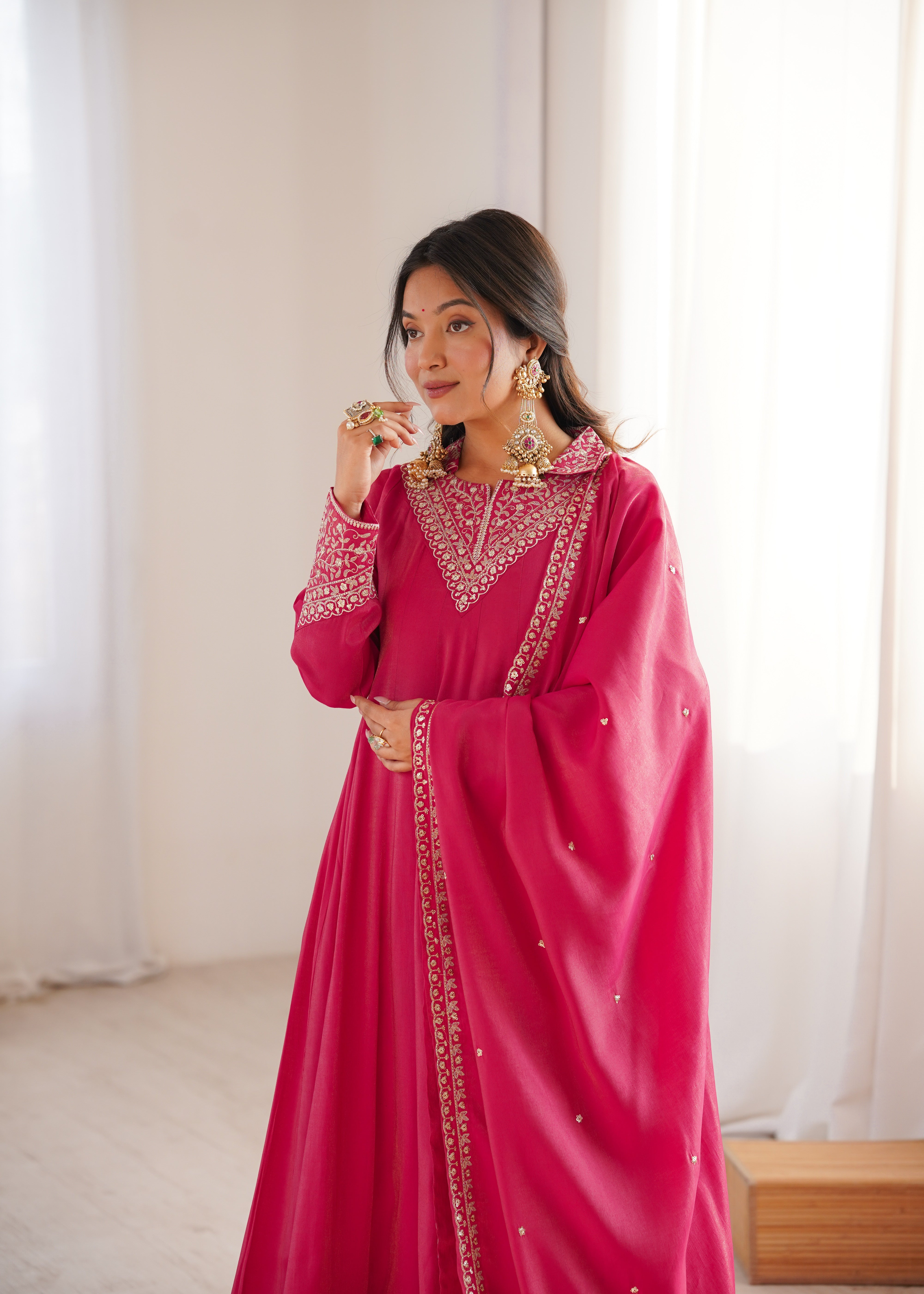 Pink Pure Roman Shimmer Silk Fancy Neck Work Anarkali Salwar Suit