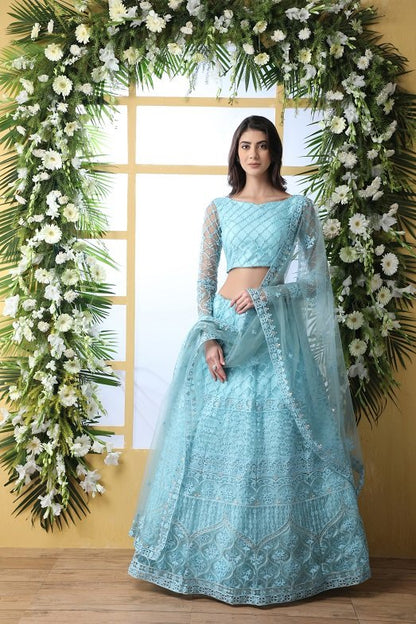 Sky Blue Thread Embroidered with Net Lehenga Choli Set