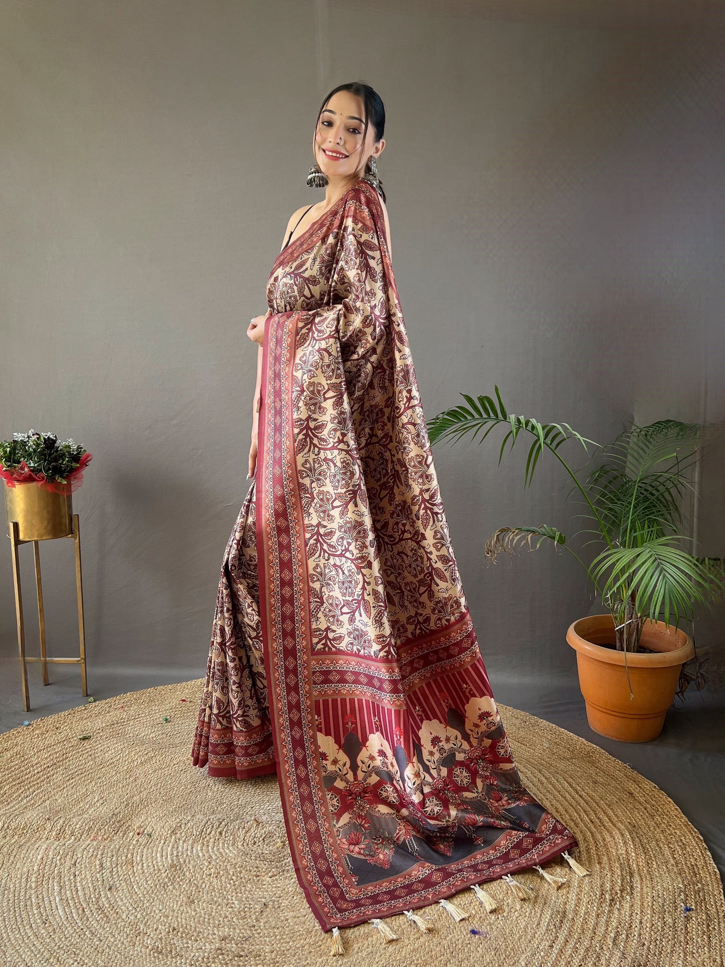 Cream Digital Printed Silk Weaves Saree