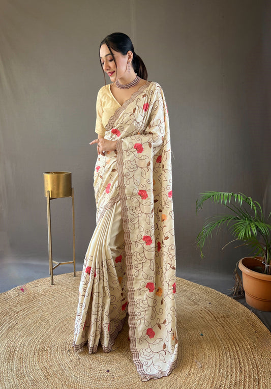 Cream Color Tussar Silk Saree with Floral Embroidery Jaal Work Saree