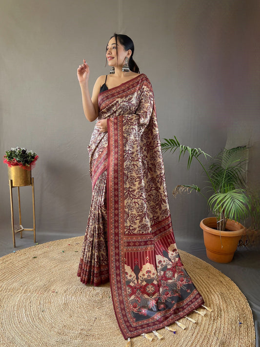 Cream Digital Printed Silk Weaves Saree