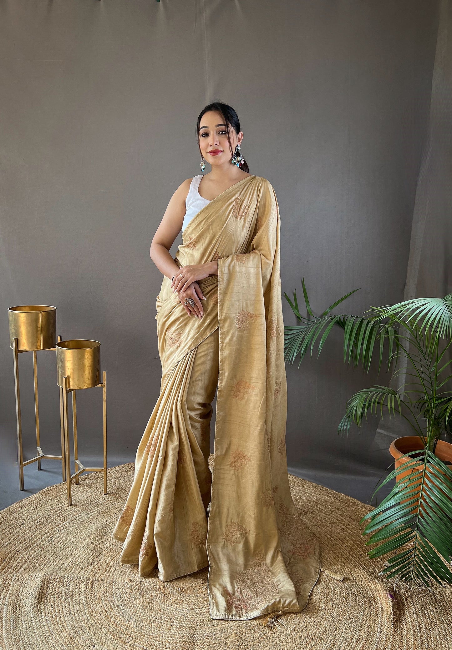 Cream Color Embroidered Soft Silk Saree