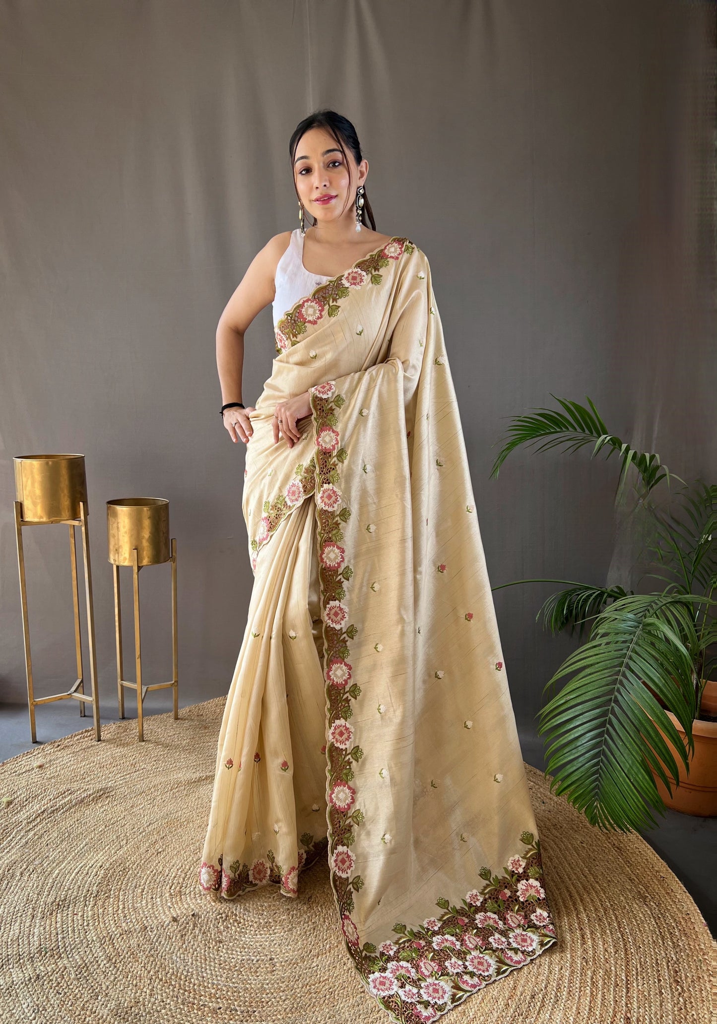 Cream Pure Tussar Silk Embroidery Work Saree