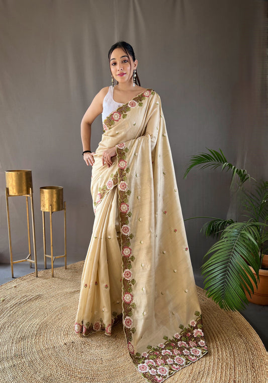 Cream Pure Tussar Silk Embroidery Work Saree