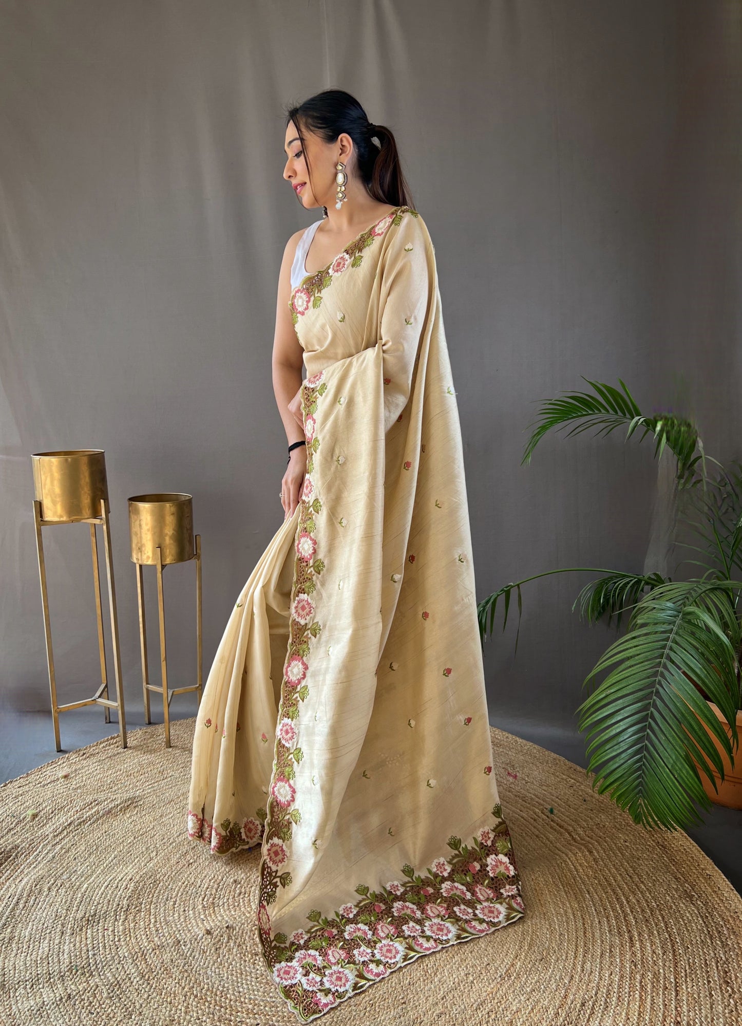 Cream Pure Tussar Silk Embroidery Work Saree