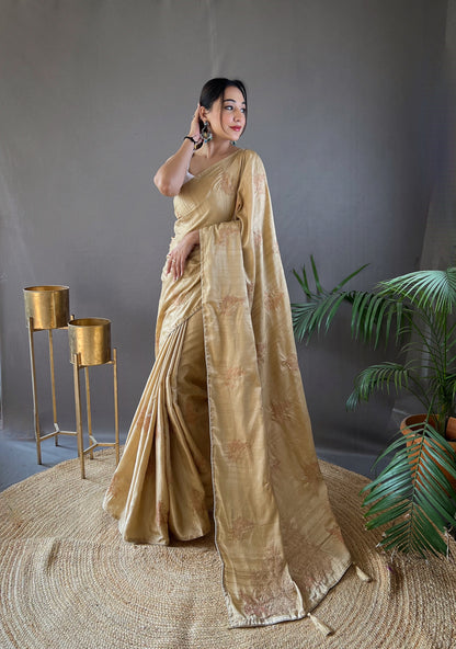 Cream Color Embroidered Soft Silk Saree