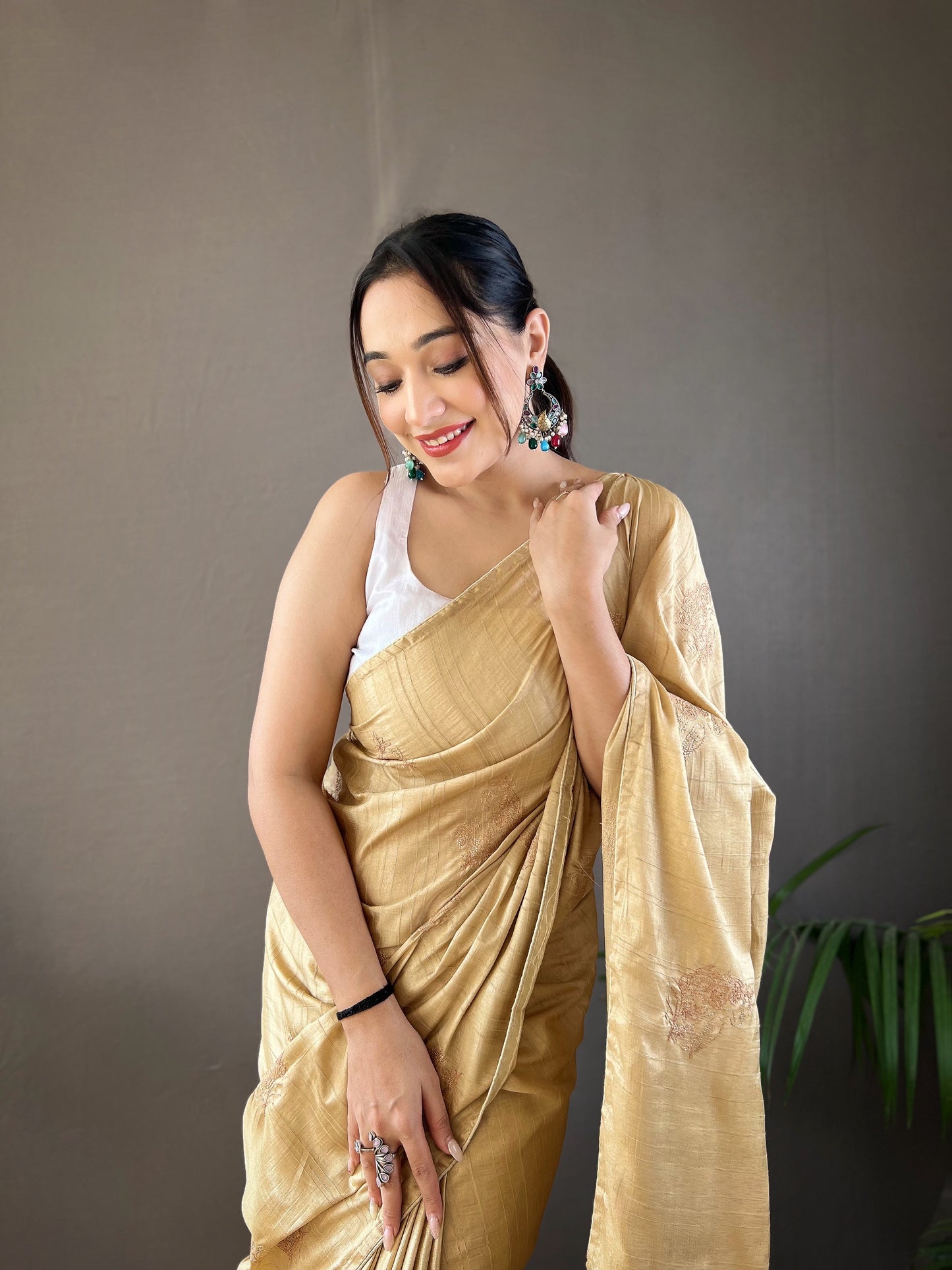 Cream Color Embroidered Soft Silk Saree