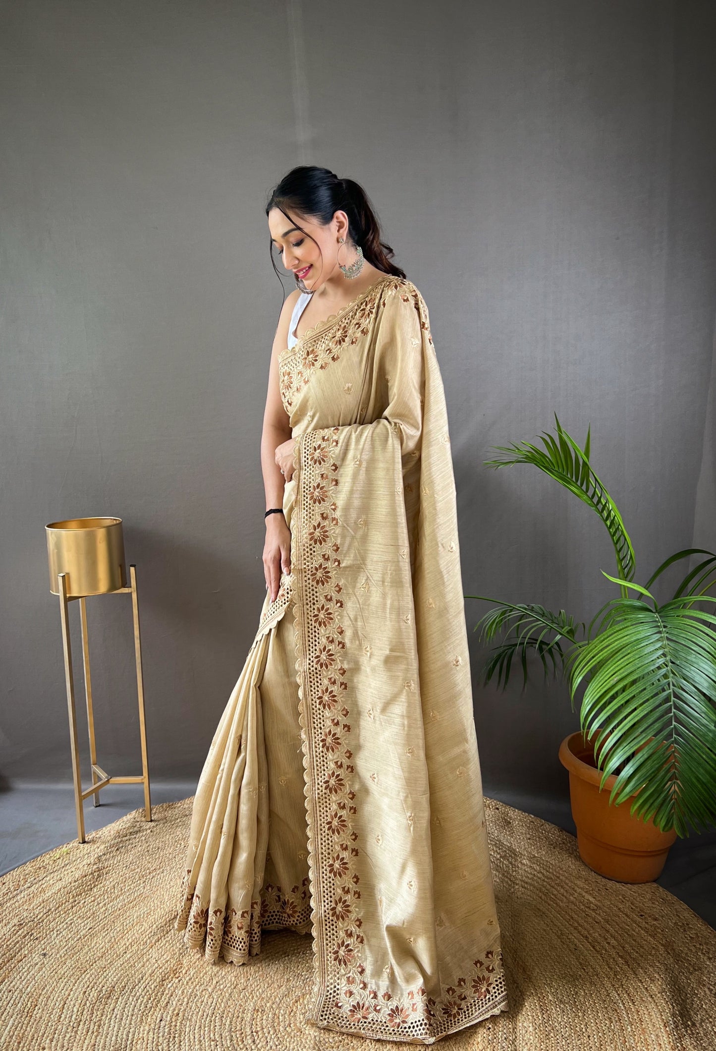 Cream Pure Matka Silk Soft Saree with Motifs and Cutwork Border