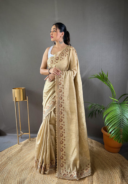 Cream Pure Matka Silk Soft Saree with Motifs and Cutwork Border