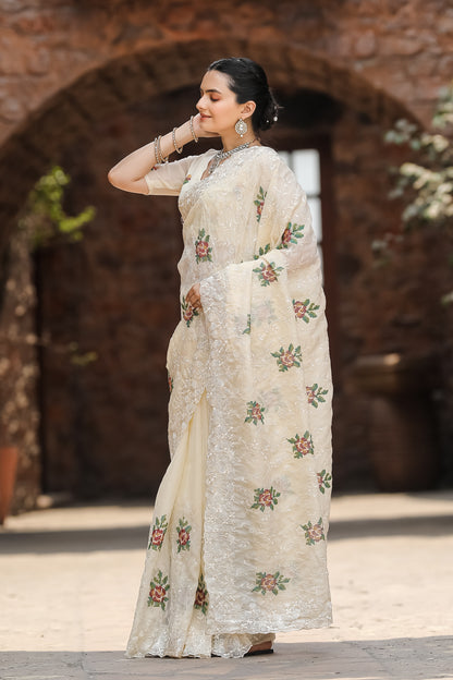 Cream Pure Shiny Zari Chiffon Saree With Beautiful Embroidory Work