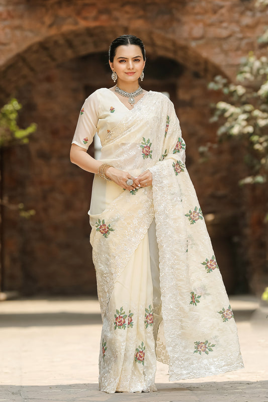 Off White Chiffon Saree With Flower Embroidery And Cut work