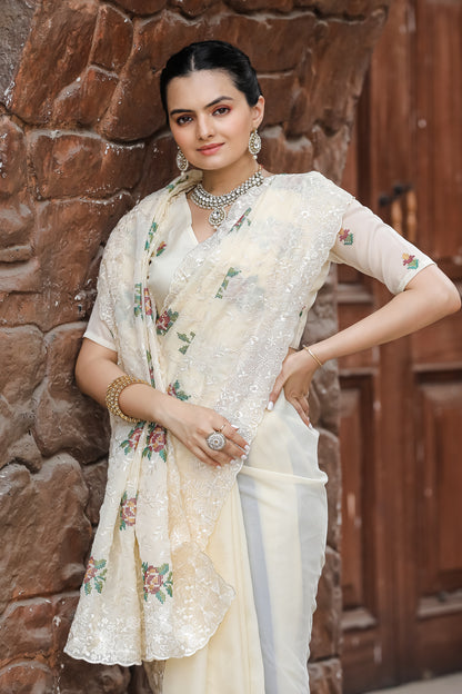 Cream Pure Shiny Zari Chiffon Saree With Beautiful Embroidory Work