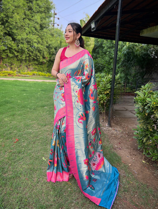 DENIM BLUE PURE PAITHANI WITH ALL OVER ZARI AND MEENAKARI WEAVES SAREE