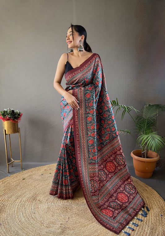 Denim Digital Printed Silk Weaves Saree