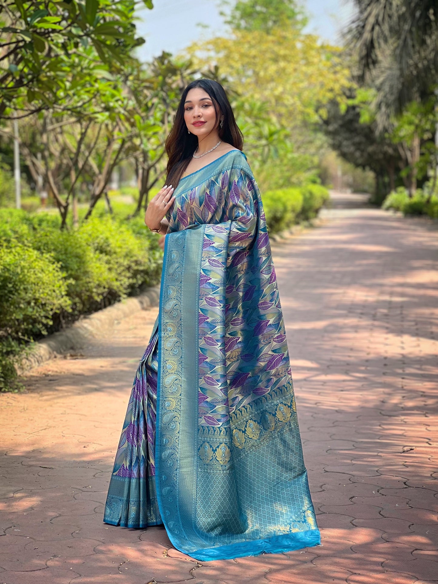 Denim Kanjivaram Silk Saree With Intricate Blouse Piece