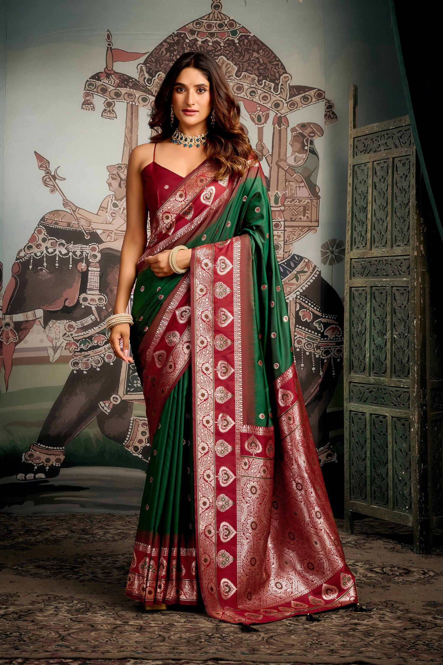 Harlequin Green Banarasi Soft Silk Saree – Designer Wedding Festive Party Wear Saree