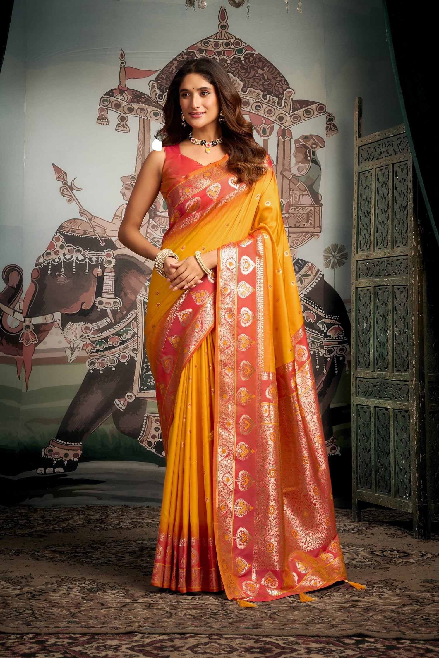 Trombone Yellow Banarasi Soft Silk Saree – Designer Wedding Festive Party Wear Saree