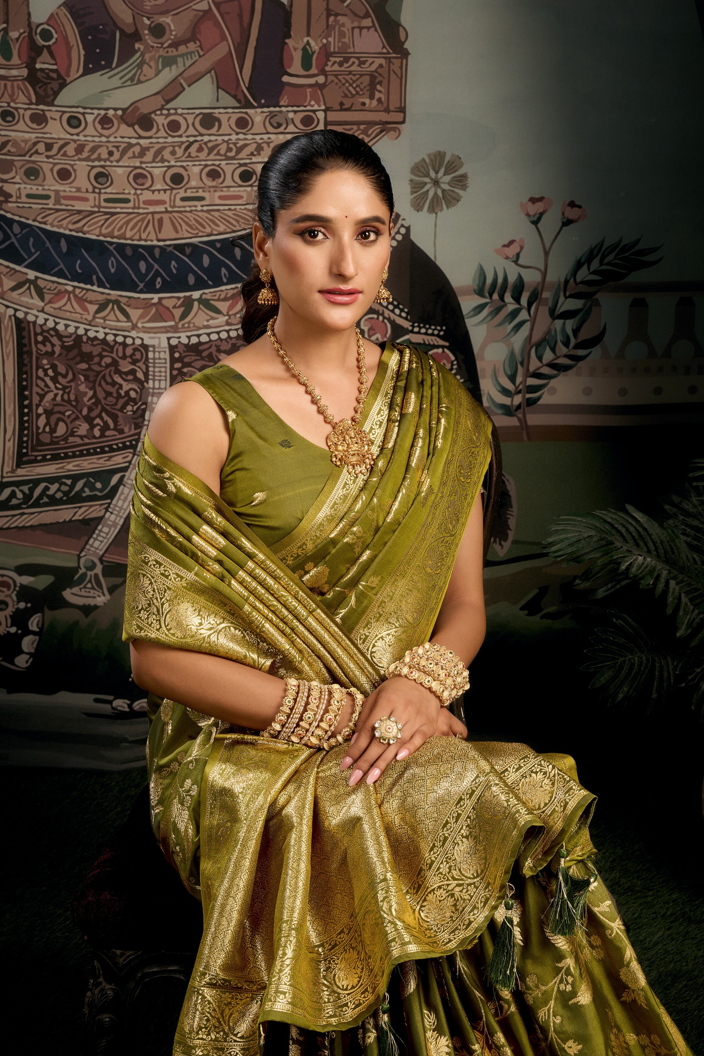 Green Banarasi Premium Soft Silk With Gold Zari With Zhallar Saree With Blouse Piece