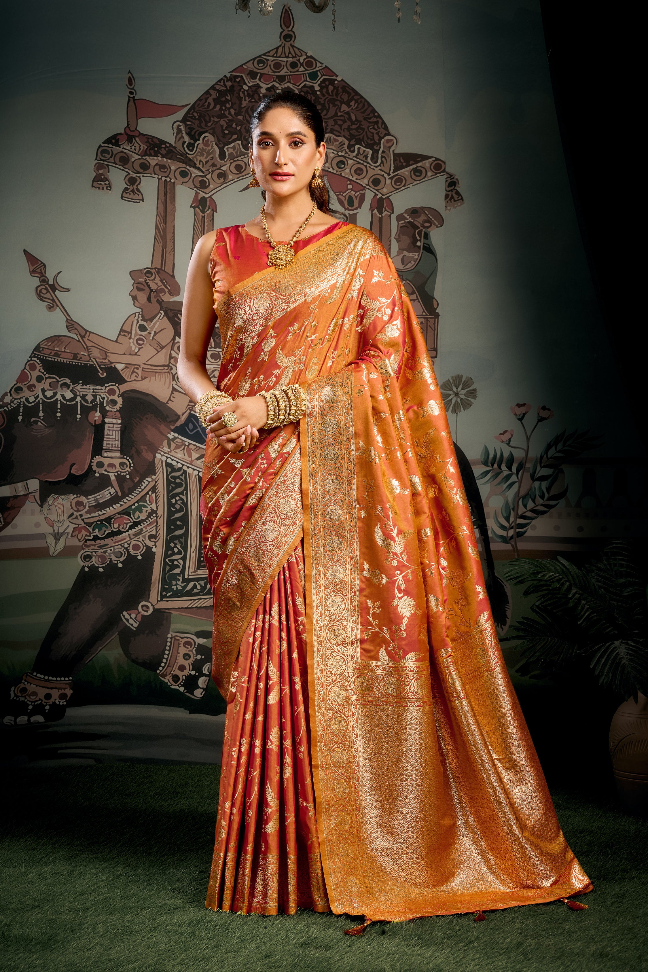 Orange Banarasi Premium Soft Silk With Gold Zari With Zhallar Saree With Blouse Piece