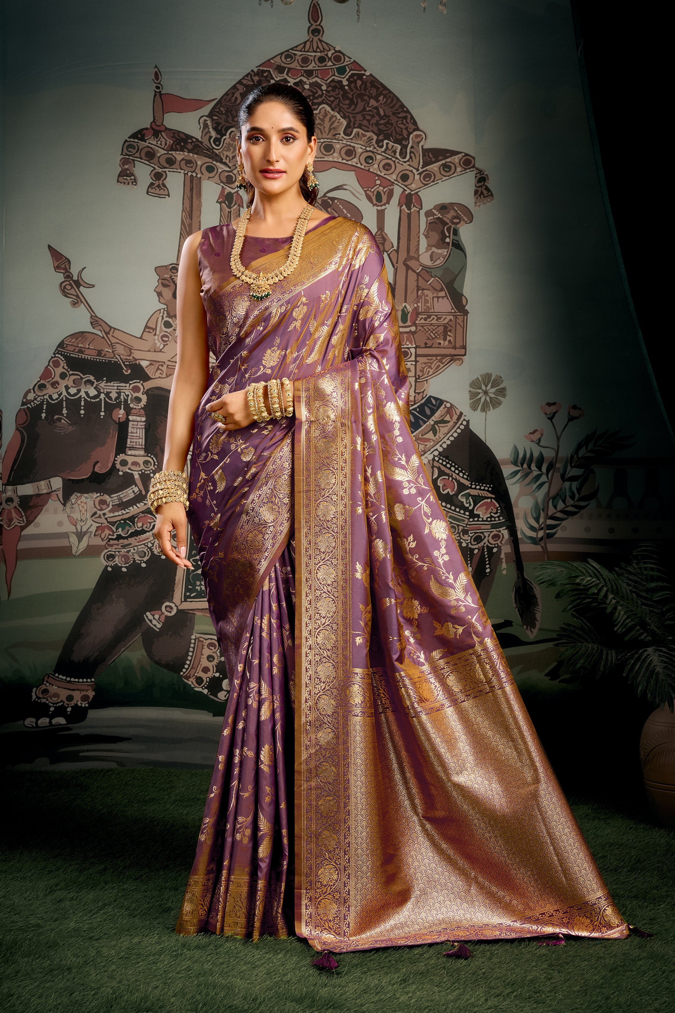 Wine Banarasi Premium Soft Silk With Gold Zari With Zhallar Saree With Blouse Piece