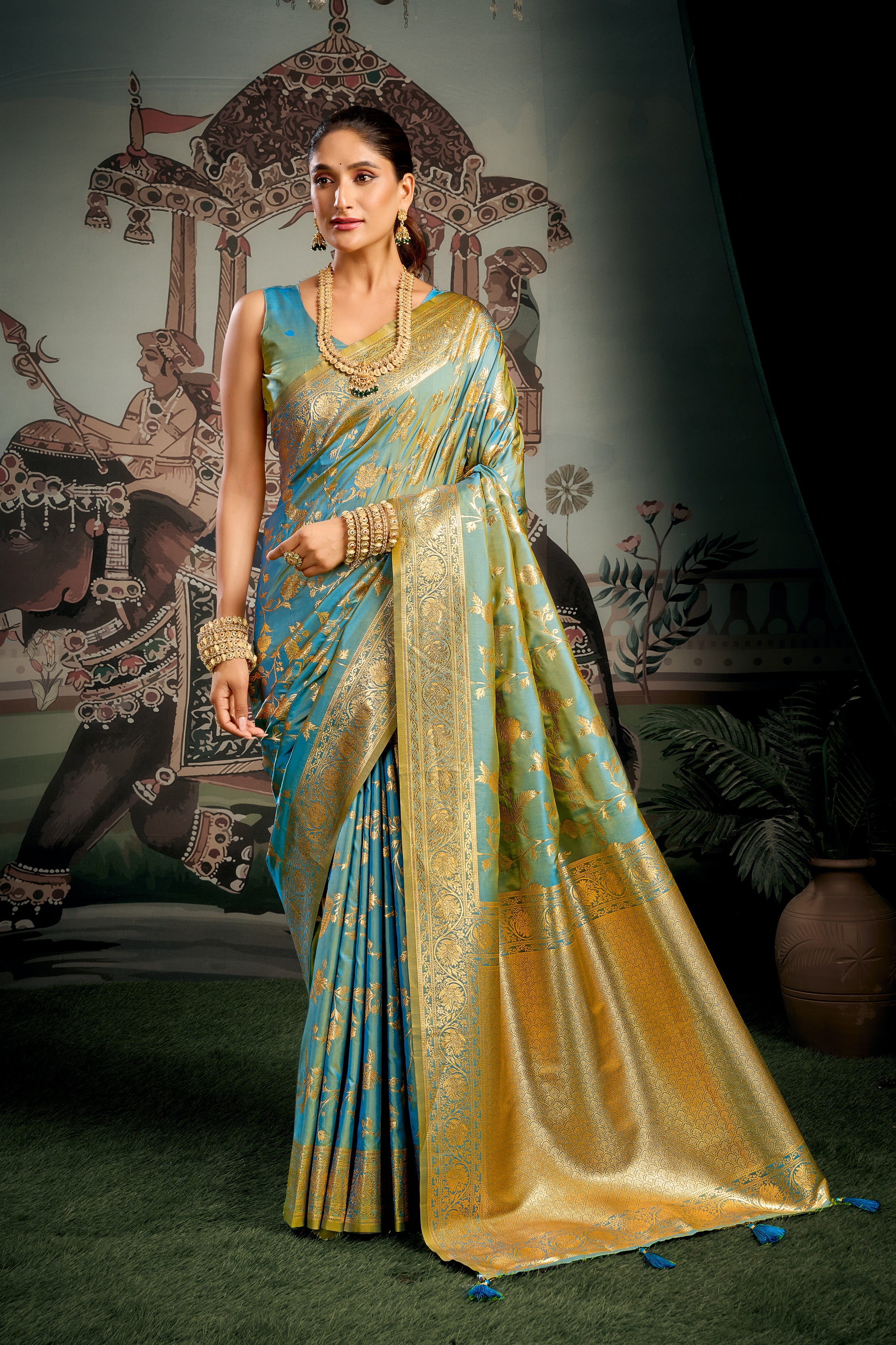 Blue Banarasi Premium Soft Silk With Gold Zari With Zhallar Saree With Blouse Piece