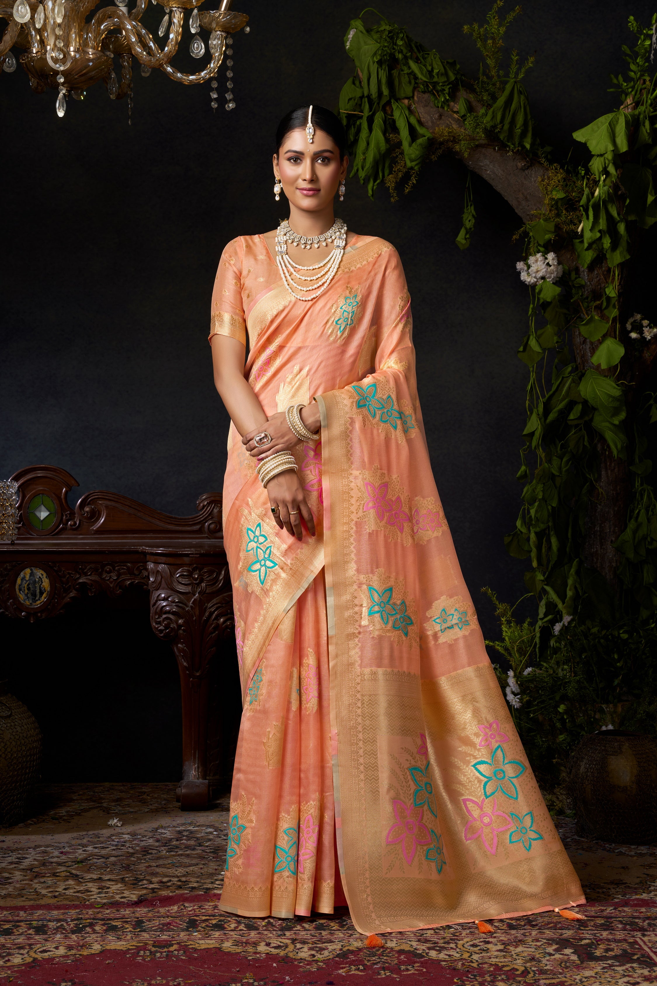 Plum Peach Woven Banarasi Organza Saree – Designer Wedding Festive Party Wear Saree