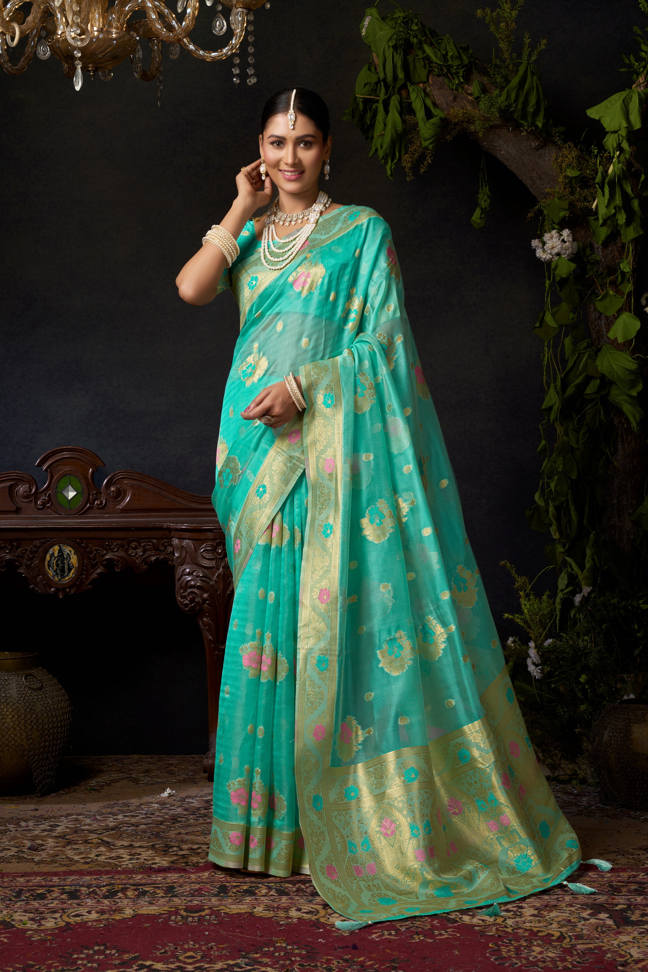 Sky Blue Woven Banarasi Organza Saree – Designer Wedding Festive Party Wear Saree