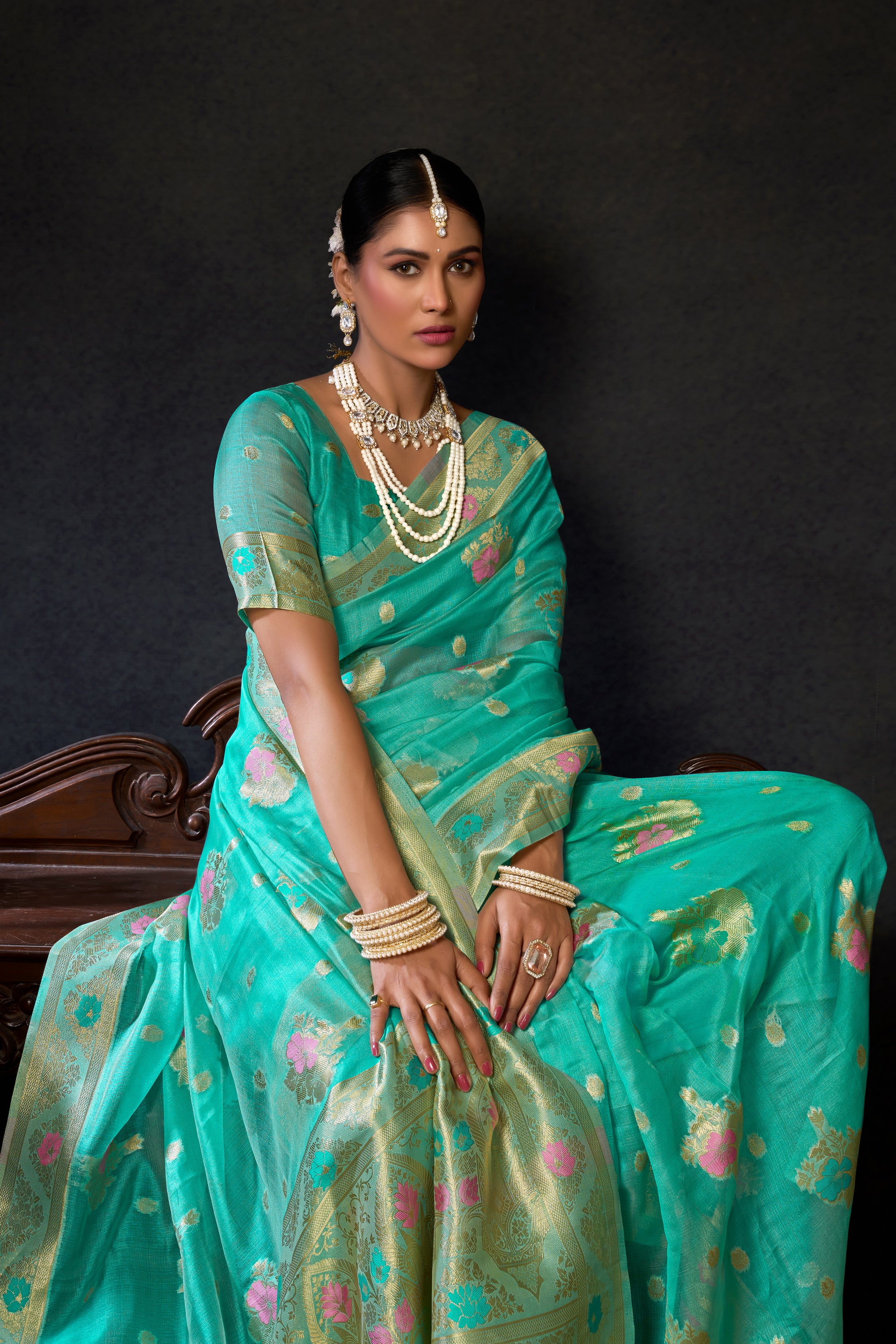 Sky Blue Woven Banarasi Organza Saree – Designer Wedding Festive Party Wear Saree