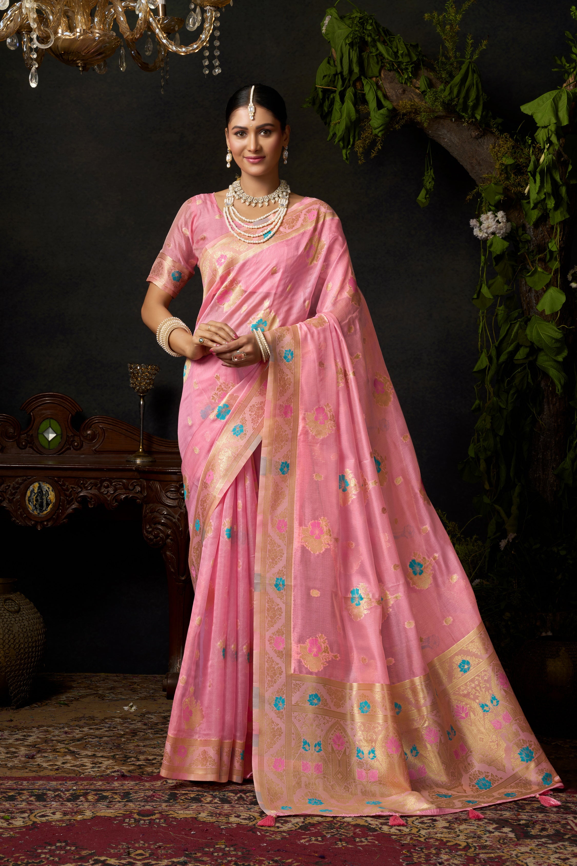 Blossom Pink Woven Banarasi Organza Saree – Designer Wedding Festive Party Wear Saree