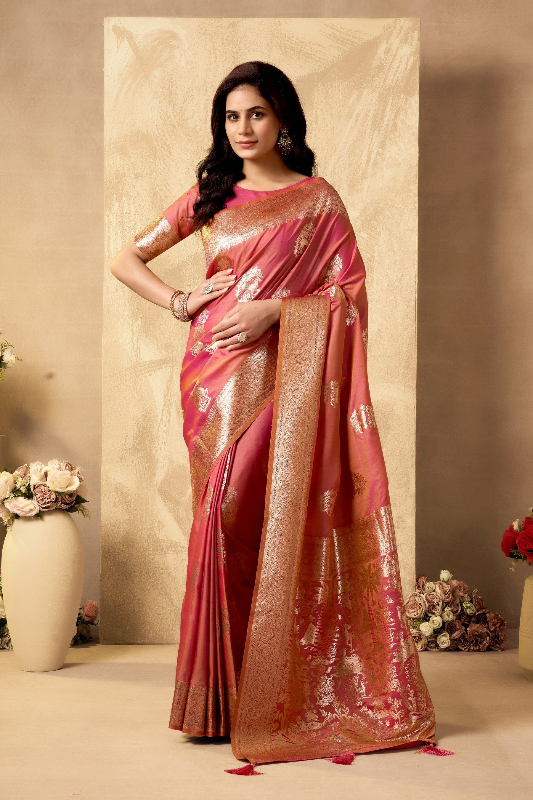 Rose Pink Art Silk Banarasi Saree with gold zari ethnic motifs and heavy woven pallu by The Beauty Queen India