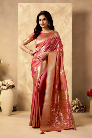 Rose Pink Art Silk Banarasi Saree with gold zari ethnic motifs and heavy woven pallu by The Beauty Queen India