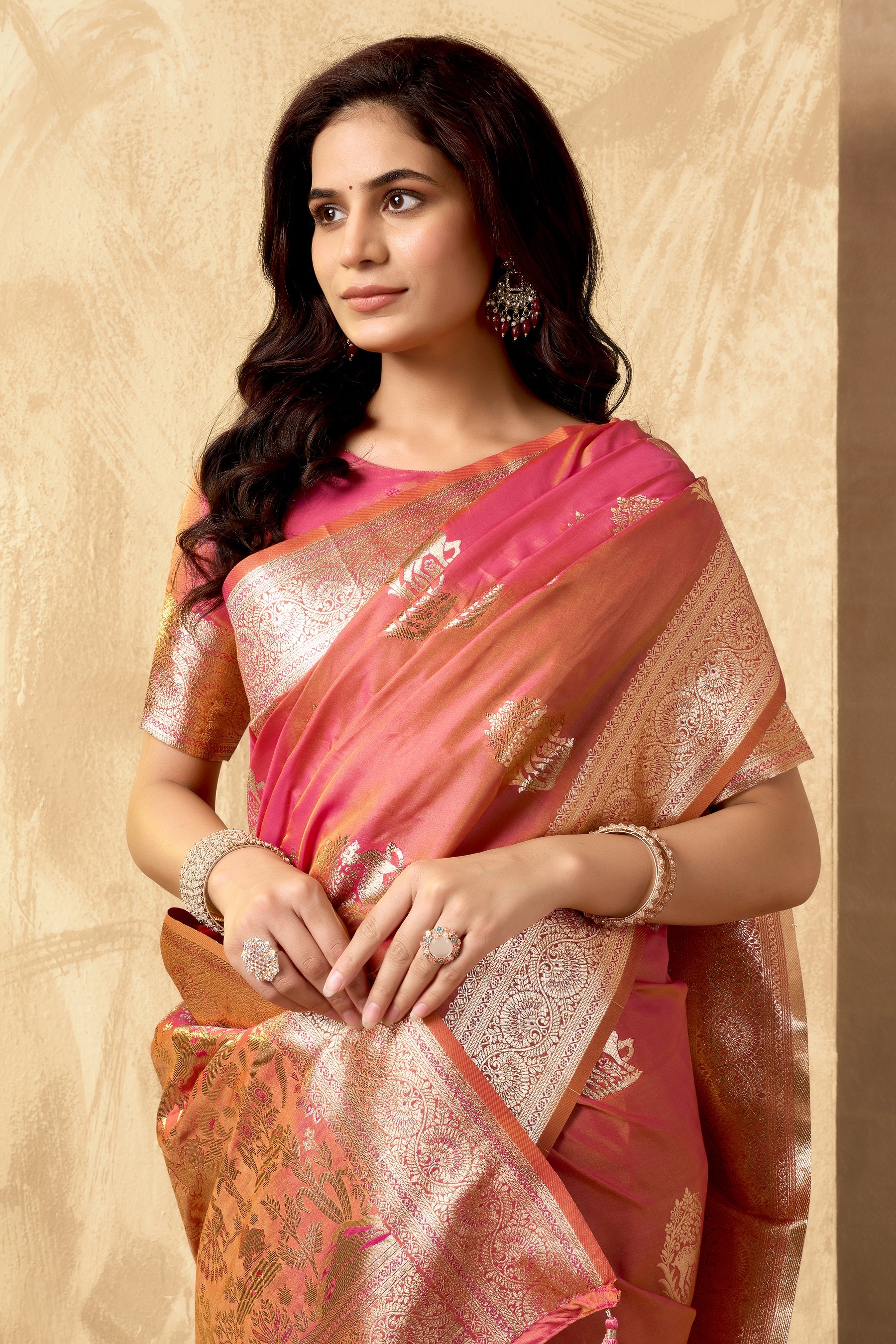 Rose Pink Ethnic Motifs Zari Art Silk Banarasi Saree with Tassels