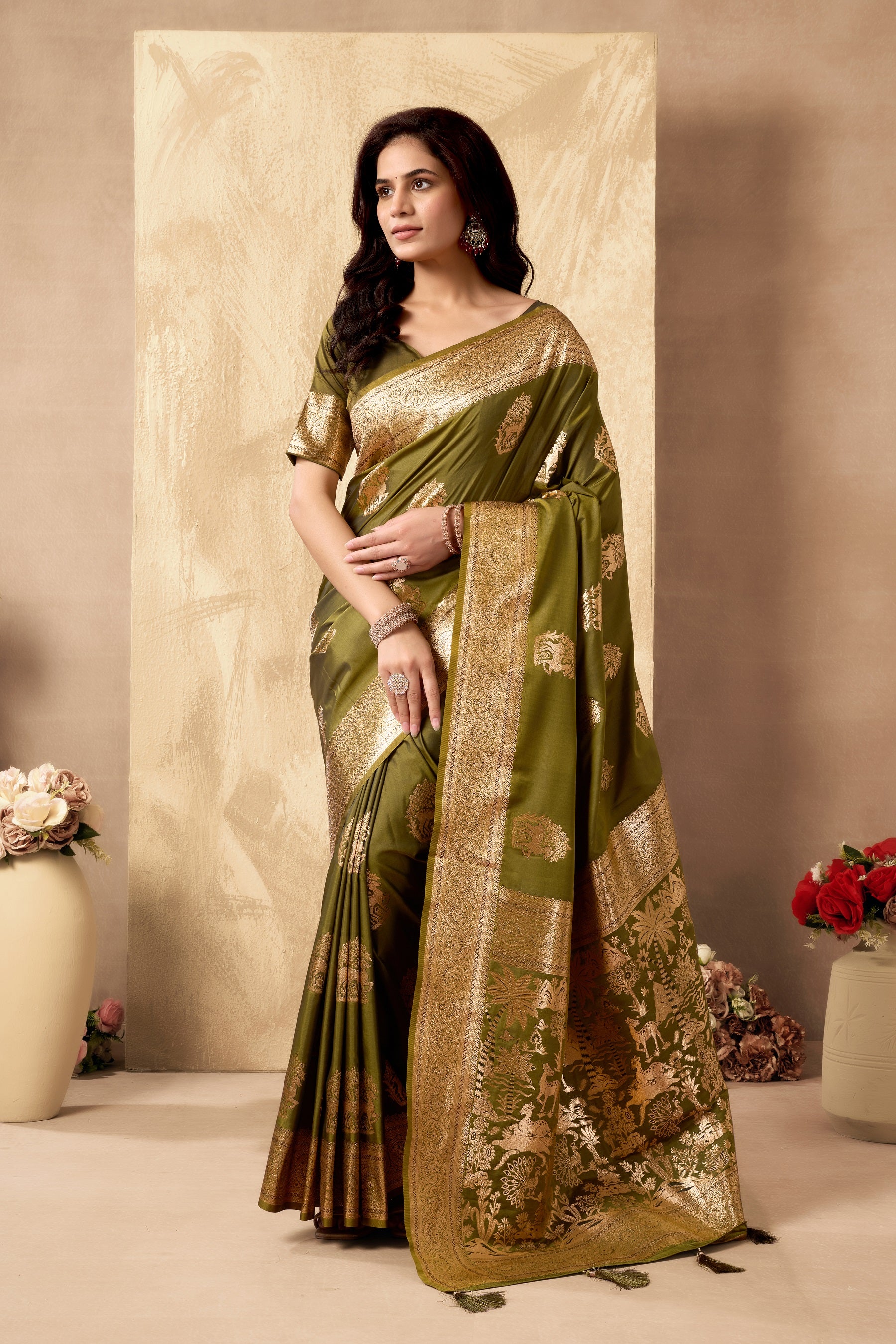 Olive Green Art Silk Banarasi Saree with gold zari ethnic motifs and handcrafted tassels by The Beauty Queen India