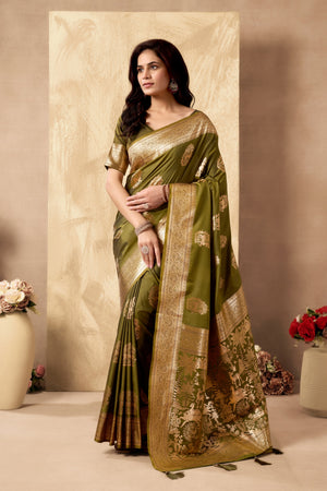Olive Green Art Silk Banarasi Saree with gold zari ethnic motifs and handcrafted tassels by The Beauty Queen India