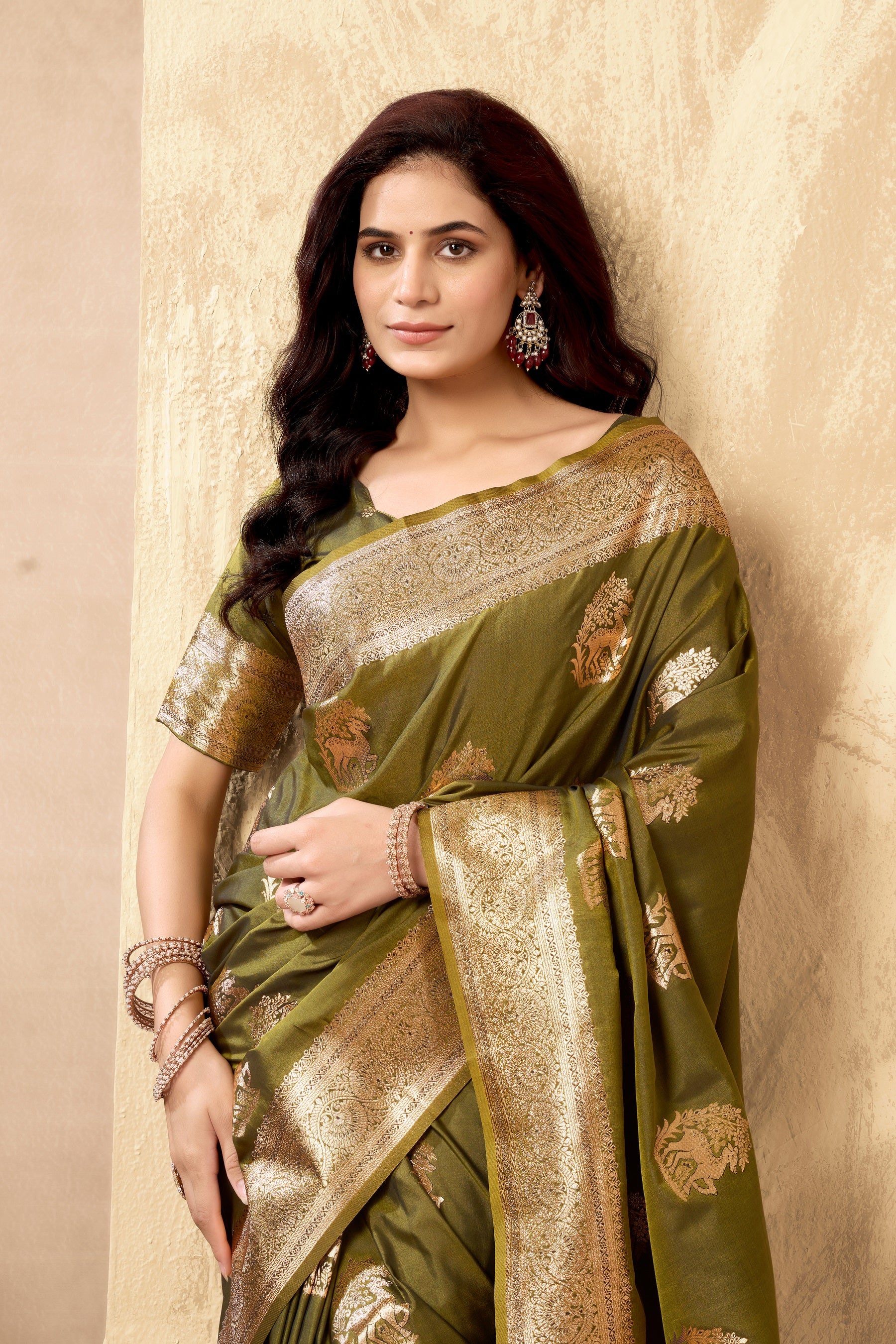 Olive Green Ethnic Motifs Zari Art Silk Banarasi Saree with Tassels
