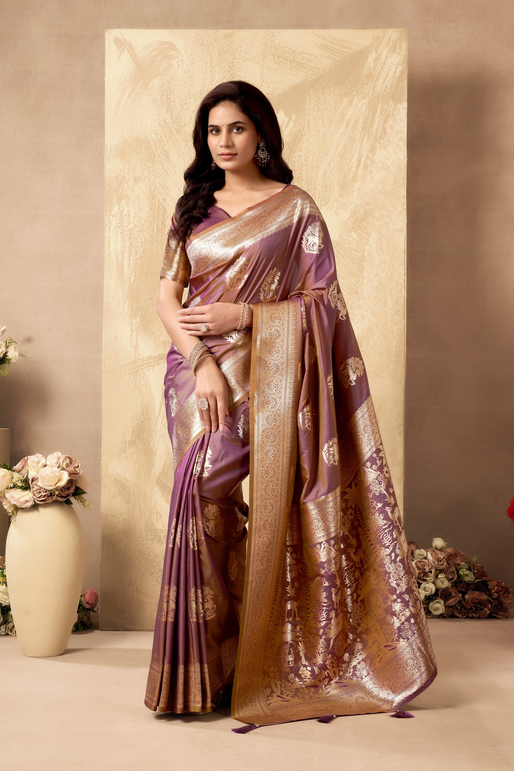 Mauve Purple Art Silk Banarasi Saree with gold zari ethnic motifs and handcrafted tassels by The Beauty Queen India