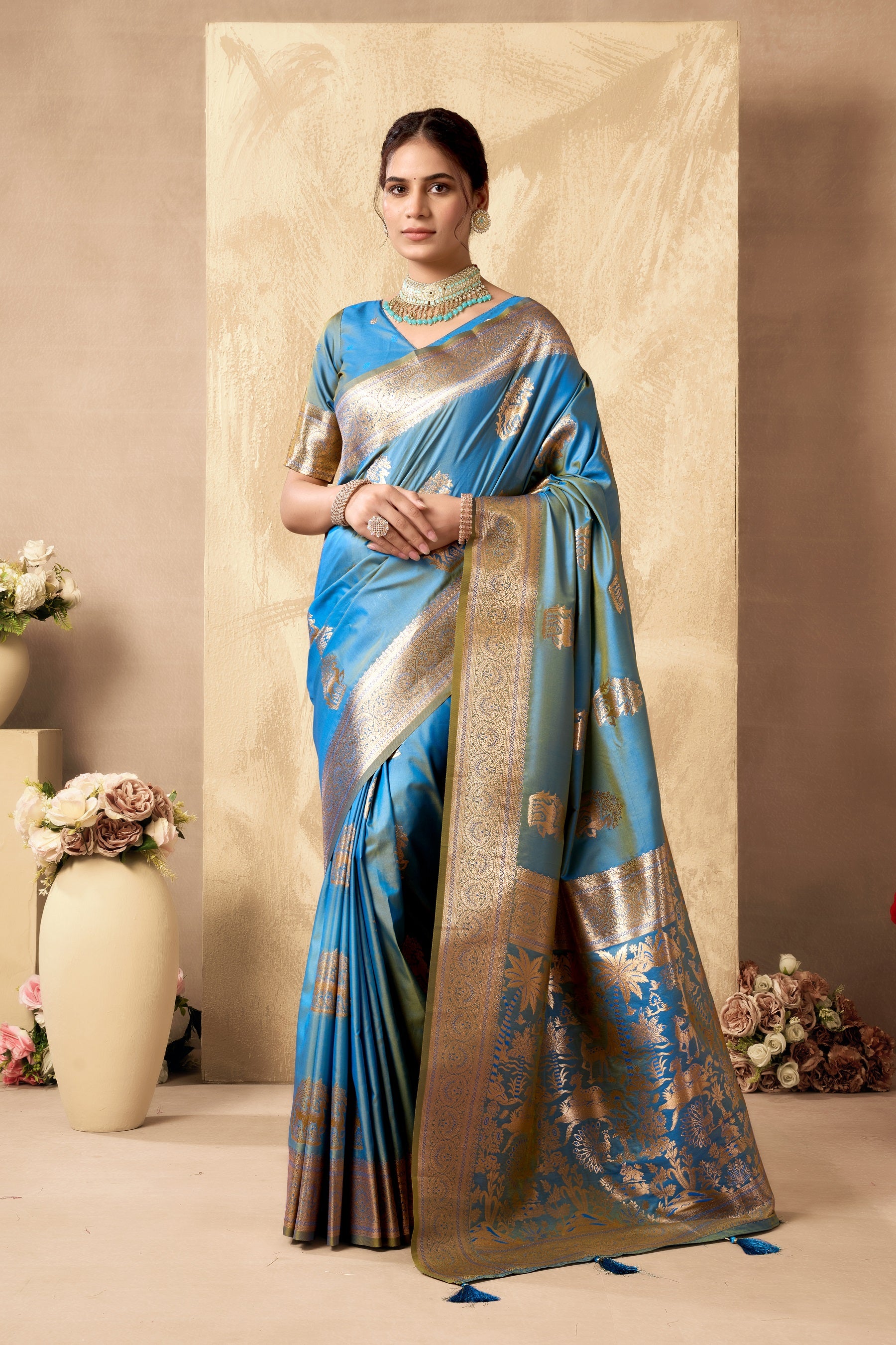 Sky Blue Art Silk Banarasi Saree with gold zari ethnic motifs and handcrafted tassels by The Beauty Queen India