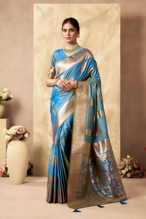 Sky Blue Art Silk Banarasi Saree with gold zari ethnic motifs and handcrafted tassels by The Beauty Queen India