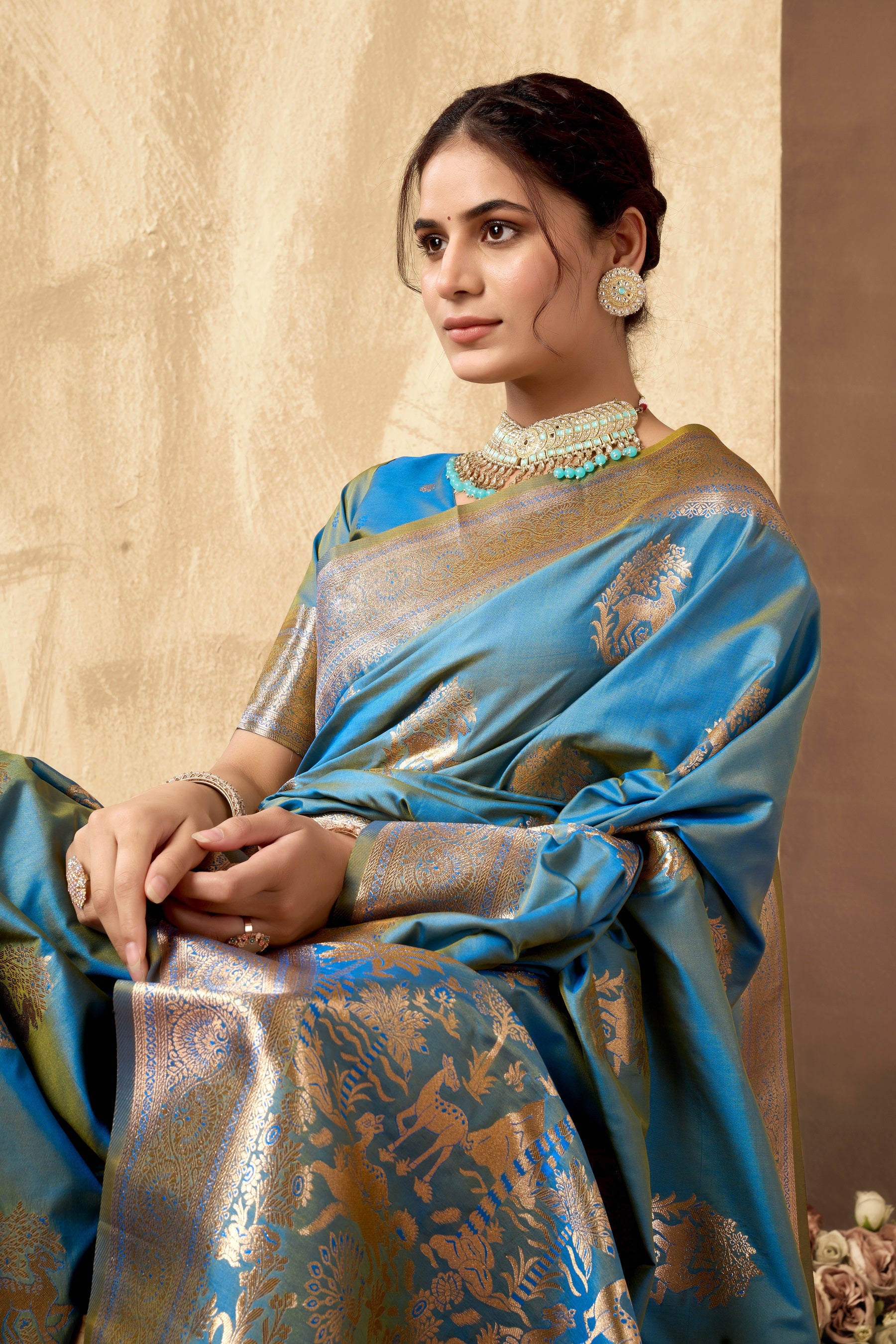 Sky Blue Ethnic Motifs Zari Art Silk Banarasi Saree with Tassels